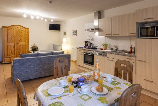 Innenansicht des Wohnzimmers in der Ferienwohnung Alpendistel auf dem Bauernhof Diestel im Landkreis Celle.